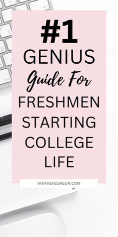 a desk with a keyboard, mouse and notebook on it that says genius guide for fresh men starting college life