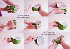 the instructions for making a coffee mug with green cups and hands holding it in different positions