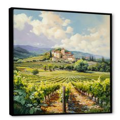 an oil painting on canvas of a vineyard with a house in the background and clouds above