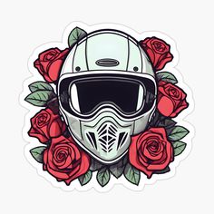 a motorcycle helmet and roses sticker