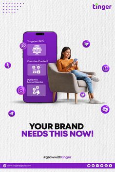 a woman sitting in a chair next to a cell phone with the text your brand needs this now