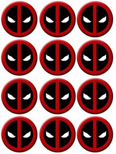 six red and black deadpool buttons with white eyes on each button, all in different sizes