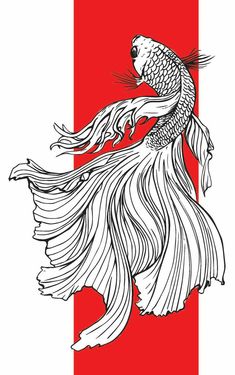 a drawing of a fish on a red and white striped background