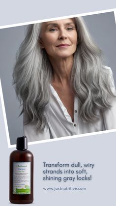 Changing your shampoo is a quick and effortless way to grow healthy gray hair. This non-purple shampoo does not deposit color dyes, tints, or chemicals that can lead to an unhealthy and unnatural build-up on your hair and scalp. Grey Hair Strands, Healthy Gray Hair, Gray Hair Shampoo, Gray And Silver Hair, Silver And White Hair, Gray Hair Solutions, Grey Hair Over 50, Shampoo For Gray Hair, Covering Gray Hair