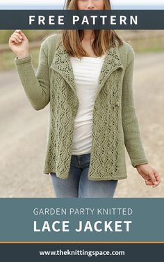 a woman is walking down the road with her hand up in the air while wearing a green knitted jacket