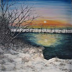 a painting of a sunset over the water with trees in the foreground and snow on the ground