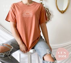 "Comfort Colors Sun Ocean Shirt, Nature Graphic Tee, Summer Time Shirt, Sunrise Shirt For Men and Women, Beachy Tee Shirt Sunset Tee Materials & Features: *6.1 oz., 100% ringspun cotton *Preshrunk, soft-washed, garment-dyed fabric *Twill taped shoulder-to-shoulder *Set-in sleeves *Double-needle stitched sleeves and bottom hem *1\" ribbed collar with double-needle topstitched neckline Washing: Wash with cold/warm water Drying: Tumble dry on low heat or hang dry" Bachelorette Tshirt, Design University, College Shirt, Ocean Shirt, Bachelorette Tshirts, Tshirt Custom, University Tshirt, University Tees, Comfort Colors Tshirt