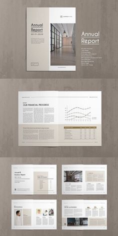 an open brochure is displayed on a wooden surface with the words, annual report and