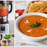 several pictures of different types of food including soup, bread, and juice in the blender