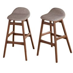 two wooden barstools with grey upholstered seat cushions on white background, side by side