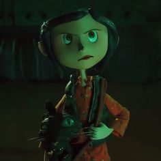 an animated character holding a cat in a dimly lit room with green eyes and dark hair