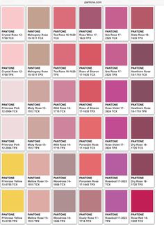 the pantone color chart is shown in shades of pink, yellow and red with different colors