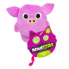 a pink stuffed animal with big eyes and a tag on it's neck that says mad cat