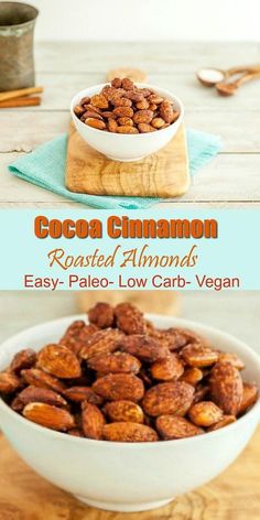 a bowl filled with roasted almonds sitting on top of a wooden table