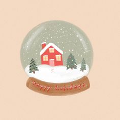 a snow globe with a red house in it and merry lettering on the inside, surrounded by pine trees