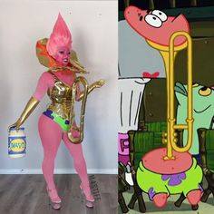 two cartoon characters, one with pink hair and the other in gold bodysuits