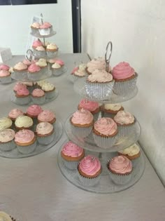 several cupcakes are arranged on glass plates