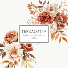 watercolor flowers and leaves are featured in this floral clipart design kit for use with the text terracotta