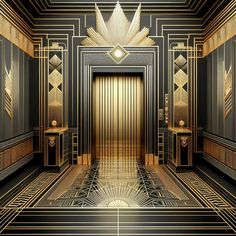 an art deco style hallway with gold and black decor on the walls, doors and tables