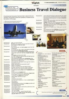 an article in english describing the business travel dialogue, with pictures of people and planes