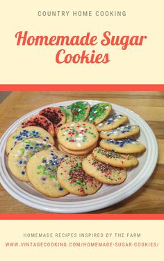 homemade sugar cookies on a plate with sprinkles in the middle and text overlay