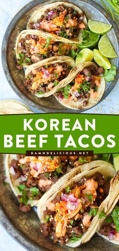 This homemade dinner recipe is mind-blowing! It's an easy meal with ground beef. Tucked in a mini flour tortilla with kimchi, Sriracha mayo, and more, these Korean Beef Tacos are an amazing Asian food! Korean Beef Tacos, Sriracha Mayo, Taco Pasta, Beef Tacos, Taco Pizza, Taco Dip, Ground Beef Recipes For Dinner, Tacos Beef