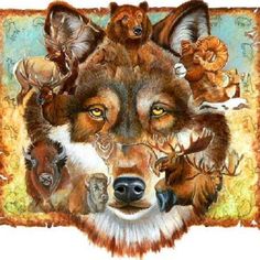 a painting of a wolf surrounded by other animals