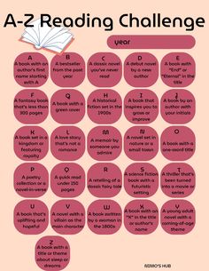 the a - z reading challenge is shown in red and pink with circles around it