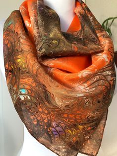 "100% silk. Mage in Japan. Great condition with no notable flaws. Measures approx: 30\"x32\"" Fall Multicolor Silk Scarf, Brown Square, Boho Retro, Neck Scarf, Orange Brown, Neck Scarves, Bright Orange, Watercolor Print, Square Neck