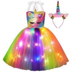 PRICES MAY VARY. 【Perfect unicorn party decorations】Girls unicorn dress with fancy sequin top and light up tutu bottom, a great unicorn costume for party that no girls should miss! The colorful LED lights is battery operated, it goes around the whole unicorn tutu with about 60pcs lights, glowing at night very well. 【Girls dress up clothes】Trust this rainbow unicorn birthday dress also a lovely dress up clothes for little girls. It come with unicorn headband, girls can wear it to be a pretend uni Girls Unicorn Costume, Unicorn Dresses, Girl Unicorn Costume, Princess Costumes For Girls, Halloween Tutu Dress, Halloween Birthday Party Decorations, Light Up Dresses, Princess Tutu Dress, Halloween Tutu