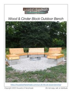 an outdoor fire pit made out of concrete blocks and wooden benches with text overlay that reads wood & cinder block outdoor bench