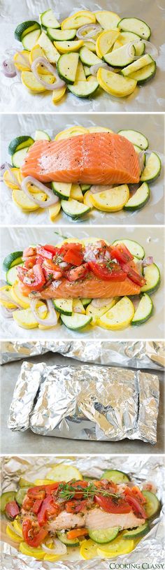 salmon and zucchini in foil on top of each other