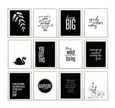 six black and white cards with different sayings