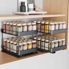 an organized spice rack in a kitchen