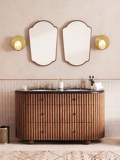 a bathroom with two mirrors on the wall