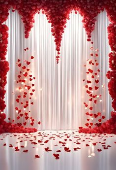 the backdrop is decorated with red hearts and white drapes for valentine's day