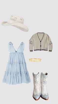 an assortment of clothing and accessories including a hat, jacket, boots, and necklace