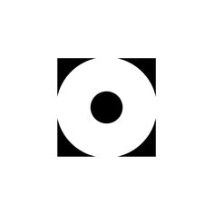 a black and white logo with a circle in the center