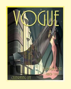 an art deco poster featuring a woman holding a large umbrella in front of a cityscape