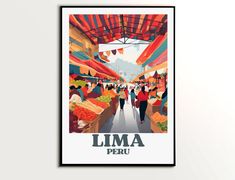 a poster hanging on the wall above a market area with people walking through it and lots of vegetables