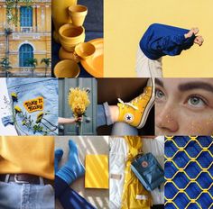 a collage of yellow and blue images with different things in the middle one is holding a flower