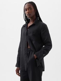 Saw this on Gap: Black Linen Shirt, Black Boyfriend, Button Up Shirt Womens, Long Sleeve Plaid Shirt, Boyfriend Shirt, Denim Button Down, Black Linen, Fit Style, Linen Shirt