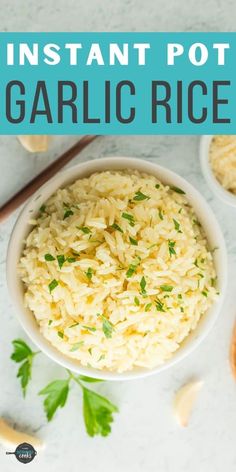 instant pot garlic rice in a white bowl with parsley