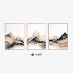 three paintings with mountains in the background