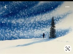 a painting of a person standing on top of a snow covered hill next to a pine tree