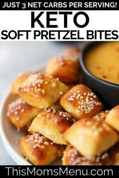 keto soft pretzel bites on a plate with dipping sauce