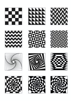 nine black and white squares with different patterns on them, each one has an eye in the center