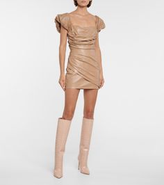 Off-shoulder leather minidress in beige Luxury Fitted Mini Dress, Luxury Mini Dress For Date Night, Beige Sheath Mini Dress For Night Out, Luxury Fitted Sheath Mini Dress, Glamorous Mini Dress With Boning, Beige Sheath Mini Dress For Evening, Fitted Leather Mini Dress, Leather Knee-length Mini Dress For Date Night, Chic Leather Mini Dress