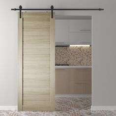 an open sliding door in a kitchen with tile flooring and white walls on the side