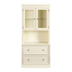 a white cabinet with glass doors and drawers for sale on a red ribbon over a white background